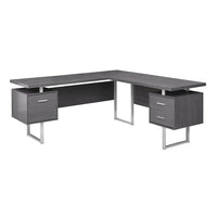 Monarch Specialties 7306 70" Computer Desk - Grey Left Or Right Facing-L-shaped computer desk with 3 storage drawers featuring thick-panel construction in a grey finish and 3 sturdy metal legs in a silver finish