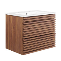Modway Render 24" Wall-Mount Bathroom Vanity - Walnut/White-Mid-Century Modern Vanity