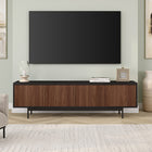 Hudson&Canal Whitman TV Stand for TV's up to 75" - Black Grain/Satin Walnut-Constructed of sturdy steel, MDF, and PVC materials with a black grain finished body and satin walnut colored doors