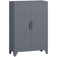 HOMCOM Metal Storage Cabinet with 2 Louvered Doors, Adjustable Shelves - Grey-2 interior adjustable shelves can be locked in place at 17 fixed levels