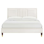 Modway Sofia Channel Tufted Performance Velvet Full Platform Bed with Wood Legs and Gold Metal Sleeves - White-Wood Slat Support System
