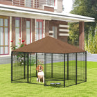 PawHut Outdoor Dog Kennel with Canopy and Rotating Bowls - 6.9' x 4.6' x 5' - Coffee-Small door with bowls attached flips around to make it quick and easy to feed and hydrate pup 