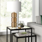 Hudson&Canal Campbell 27" Tall Table Lamp with Fabric Shade - Brass/White-Handcrafted brass finish is applied to the cylinder metal base