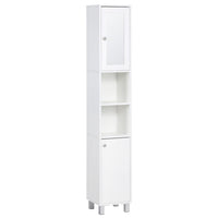 Kleankin Tall Narrow Bathroom Cabinet with Mirror - White-Ample storage space including two door cabinets and two open storage shelves