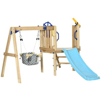 Outsunny Kids Wooden Swing Set with Slide, Captain's Wheel and Telescope - Natural-Includes a swing, slide, and fort for active and creative play 