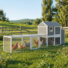 PawHut Large Chicken Coop, 134" L Wooden Chicken House with Run - Grey-Solid pine wood with a waterproof roof ensures all-weather durability