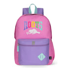 Roots Recycled Backpack  - 22.5L - Colour Block Logo - Pink Purple-Optimized Organization: Designed with two zippered compartments and a side mesh pocket to keep school essentials neatly arranged and easy to access