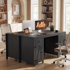 HOMCOM 53" Farmhouse Executive Desk with Drawers and 2 Cabinets - Black Wood Grain-Rustic barn door design enhances cosy, farmhouse-style interiors