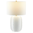 Hudson&Canal Turbida 24" Tall Table Lamp with Fabric Shade - Matte White/Brass/White-Paired with a white fabric drum shade
