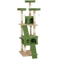 PawHut 68" H Multi-Level Cat Tree with Scratching Posts and Cat Condo - Green-Multi-level tall cat tree with 3 x top perches, 2 x spacious condos, 2 x ladders, 3 x dangling toys for cat to play 
