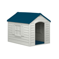 Suncast Deluxe Dog House - White with Blue Roof-Provides a dry, comfortable space for your pet