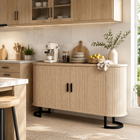 HOMCOM 55" Fluted Modern Sideboard Buffet Cabinet with Sliding Doors - Natural Wood-5.9" metal legs allow robot vacuums easy access underneath for cleaning