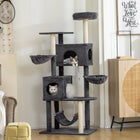 PawHut 66" Cat Tree with 2 Condos and Big Hammocks - Dark Grey-A plush top perch and three hammocks provide cozy, secure napping spots 