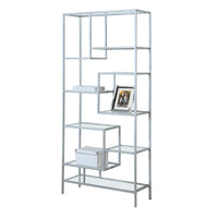 Monarch Specialties 7158 72"H Bookcase - Silver Metal With Tempered Glass-Give your home a bold, modern look with this unique 72" high silver metal and thick tempered glass bookcase. This chic backless unit features 9 asymmetrical shelves in various sizes, perfect for displaying your favourite books, frames or other decorative items. This stylish bookcase/display unit will be a great addition to your home office, living room, bedroom or even hallway to keep you organized in style.