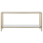 Hudson&Canal Hera 64"W Console Table with Glass Shelf - Brushed Brass-Tabletop and shelf are made of durable tempered glass