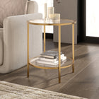 Hudson&Canal Sivil 20"W Round Side Table with Glass Shelf - Brass-Features a durable tempered glass top and shelf