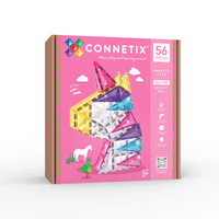 Connetix Glitter Unicorn Pack - 56 Pieces-56 piece pack - Contains a thoughtfully curated selection of glitter magnetic tiles in 2 x Hexagons, 20 x Standard squares, 6 x Small right-angle triangles, 4 x Large right-angle triangles, 6 x Equilateral triangles, 10 x Isosceles triangles, 1 x Medium rectangle, 3 x Short rectangles and 4 x Trapezoids 