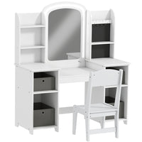 Qaba Kids Vanity Set, Pretend Makeup Playset with Lighted Mirror - White-Dual-colour LED mirror makes your little princess feel like a shining star
