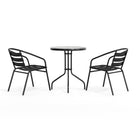 Flash Furniture 23.75" Round Glass Metal Table with 2 Black Metal Aluminum Slat Stack Chairs-Designed for Commercial and Residential Use