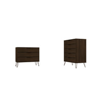 Manhattan Comfort Rockefeller Mid-Century Modern Bedroom Dresser 2-Piece Set - Brown-Mid-Century Modern Tall 5-Drawer Dresser and Standard 3-Drawer Dresser for Bedroom Use.
