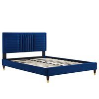 Modway Sofia Channel Tufted Performance Velvet Queen Platform Bed with Wood Legs and Gold Metal Sleeves - Navy-Queen Platform Bed