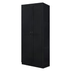 Manhattan Comfort Hopkins 59.22" 2-Piece Modern 14-Shelf Storage Closet - Black-MDF/MDP: Cleaning: Wipe with a damp cloth, avoiding excessive moisture. Avoid: Harsh chemicals or abrasive cleaners that can damage the surface. Care: Keep away from excessive humidity, as product can swell or warp when exposed to water or moisture. Protection: Use coasters or mats to avoid scratches or stains