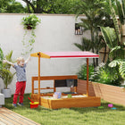 Outsunny Kids Wooden Sandbox with Cover and Height Adjustable Canopy - 45" L x 43" W x 43" H - Red-Big enough for two kids to play together comfortably 