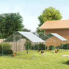 PawHut Large Metal Chicken Run with Cover for 24-30 Chickens - 9.8' x 26.2' x 6.4' - Silver-Includes a hanging feeder and 4-tier perches for added comfort 