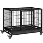 PawHut 36" L Heavy Duty Dog Crate with Lockable Wheels and Tray - Black-Made of sturdy metal, suitable for everyday use 