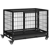 PawHut 36" L Heavy Duty Dog Crate with Lockable Wheels and Tray - Black-Made of sturdy metal, suitable for everyday use 