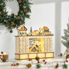 HOMCOM Light Up Christmas Advent Calendar Shop with Countdown Drawers - Village - Natural Wood-Shape: store. Type(pattern): exquisite house, people, Christmas pine tree and street light 