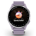 Garmin Approach J1 Smartwatch - Silver Aluminum Bezel with Lilac ComfortFit Fabric Band-Keep score: Easily record scores directly on the Approach J1 watch after every hole