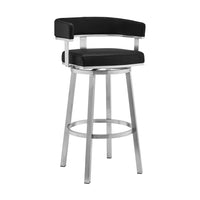 Armen Living Lorin 30" Bar Height Swivel Bar Stool in Black Faux Leather & Brushed Stainless Steel-The smooth, full 360-degree swivel motion of this bar or counter stool makes for an easy entry and exit from the seat, creates optimal mobility for conversation or entertaining, and provides overall convenience to its user. The smooth glide swivel function allows you to change directions with ease, making this your new favorite stool in your home.