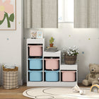 Qaba Toy Storage Organizer Kids Bookshelf with 6 Plastic Bins - Blue & Pink-Perfectly sized for kids to reach toys and books
