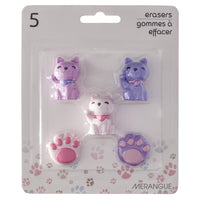 Merangue 5-Piece 3D Erasers Set - Cats/Paws -Set of 5 novelty erasers: 3 cats and 2 paws