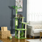 PawHut 56" Large Cat Tree Tower with Hammock - Green-Made with particle board for a stable cat tree 
