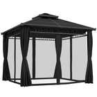 Outsunny 10 ft W x 10 ft L Double Roof Hardtop Gazebo with Nettings Curtains - Black-Spacious enough for your guests to feel free to move around