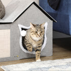 PawHut Large Cat Bed with Cushion and Scratching Pad - Grey-Dual entrances for easy in-and-out access 
