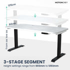 MotionGrey Electric Dual Motor Height Adjustable 120" W Sit-to-Stand Desk - Black Frame-Up to 120kg - Our Motion Standing Frame has been reinforced with thickened steel tubing throughout the desk and reinforced base plates for the footers. This provides a sturdy and durable platform even when the desk is raised to the highest setting
