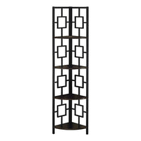 Monarch Specialties 3612 62"H Bookcase - Espresso/Black Metal Corner Etagere-4 tier metal etagere bookcase with evenly-spaced, fan-shaped shelves in dark brown