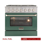 Kucht 36" KDF Series Pro Style Natural Gas Dual Fuel Range - Stainless Steel/Green-6-burner gas range includes one 20,000 BTU dual burner with simmer, one 15,000 BTU burner, one 12,000 BTU burner, two 9,000 BTU burners and one 6,000 BTU