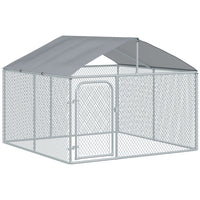PawHut Outdoor Dog Kennel with Waterproof UV-Resistant Cover - 7.5' x 7.5' x 5.7' - Silver-Dog enclosed kennel offers ample room for your pet to exercise and play 