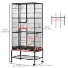 PawHut 71" H 3-Tier Large Bird Cage with Wheels, Perches, Ramp, Storage Shelf and Toys - Black-Includes three wooden perches and six plastic food containers 