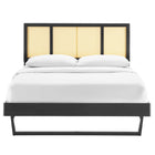 Modway Kelsea Cane and Wood Full Platform Bed with Angular Legs - Black-Rubberwood Legs