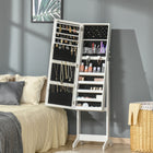 HOMCOM Lockable Mirror Jewelry Cabinet with LED Light - 18" L x 14.25" W x 59.75" H - White-Large storage space featuring earring slots, necklace hooks, ring slots, makeup brush holder and shelves 