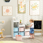 Qaba Toy Storage Organizer Kids Bookshelf with 6 Plastic Bins - Blue & Pink-Three layers categorize blocks, crayons, trucks, and dolls effectively
