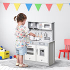 Qaba Kids Wooden Play Kitchens Set with Realistic Sound & Light, Battery Operated Cooktop - Grey-Comes with 5 wooden kitchen accessories and more 