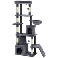 PawHut 67" Large Cat Tree Tower with 7 Scratching Posts - Dark Grey-This 66.9" (170cm) all-in-one center has a perch, condos, and hammock 