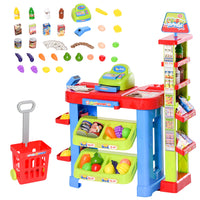Qaba Kids Supermarket Grocery Store Pretend Playset Toy with Shopping Cart-Composed of a checkout counter, multi-level shelf and shopping cart, offer your baby the real experience 