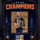 Frameworth New York Knicks 2026 Champions: Jalen Brunson Trophies PhotoGlass Framed Photo - 18" W x 22" H - Orange-Framed photoglass display: Jalen Brunson PhotoGlass Frame New York Knicks 2026 Championship and MVP Trophies Orange Skyline Design for New York Knicks fans and collectors